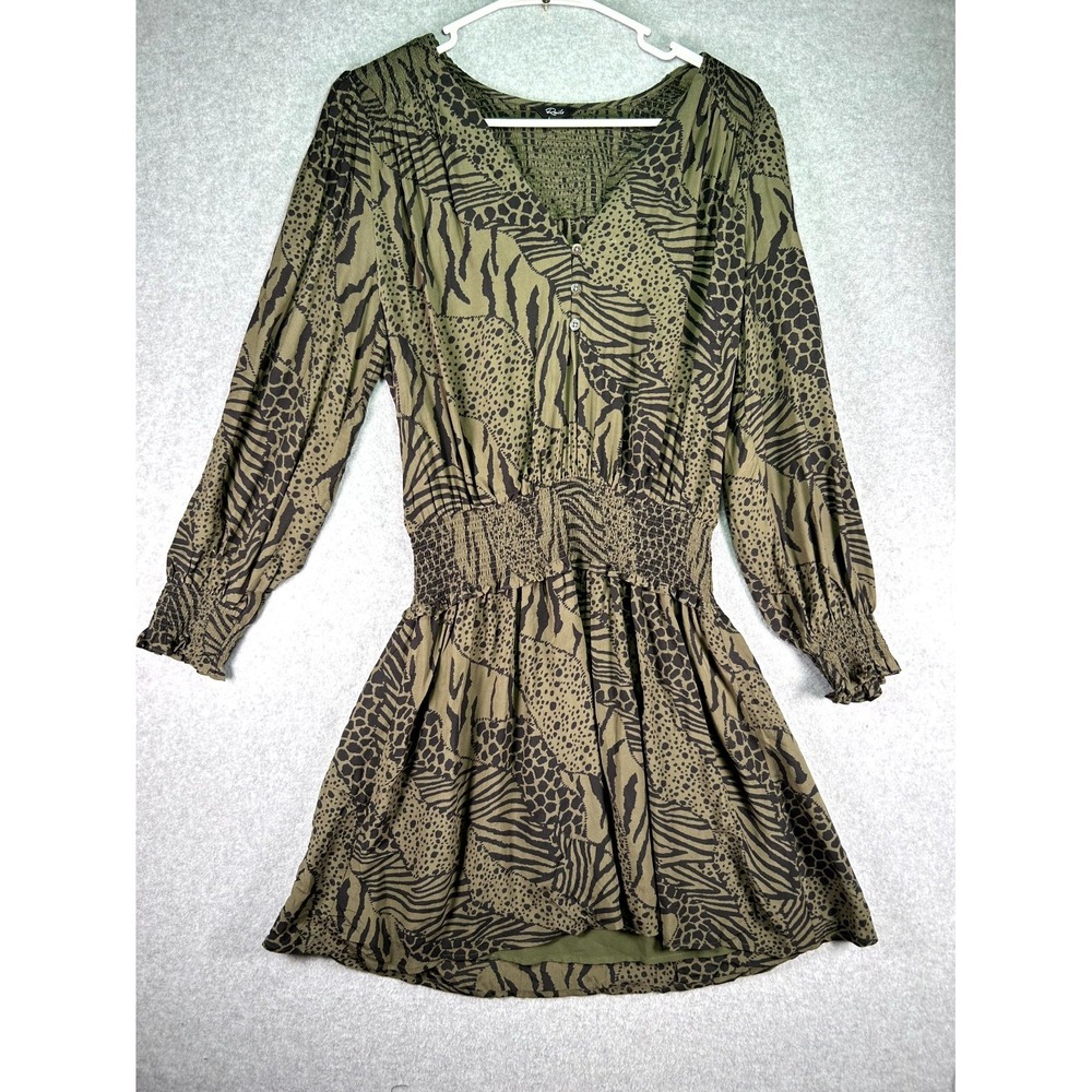Rails Dress Womens Medium Olive Green Animal Print Lined Party Smocked V Neck